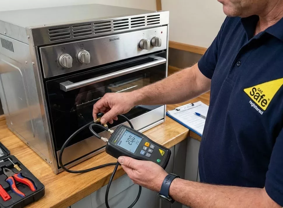 A technical close-up of a Gas Safe registered engineer's hand holding a digital manometer to perform a pressure tightness test on a newly installed marine LPG gas oven.