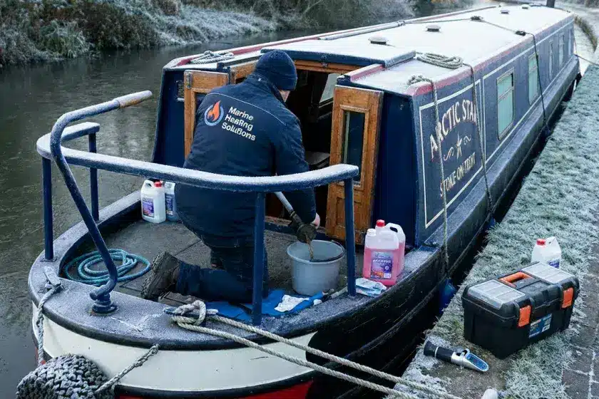A high-resolution photo of a technician in a navy marine jacket preparing a narrowboat for winter, meticulously checking the engine's raw water strainer and flushing the cooling system with pink marine-grade antifreeze.