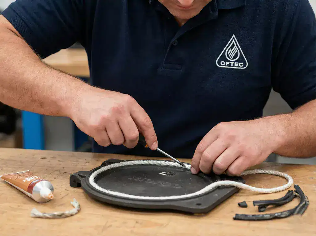 A 4:3 close-up of a professional engineer wearing an OFTEC-branded uniform while replacing a high-temperature rope seal on a Morso boat stove door.