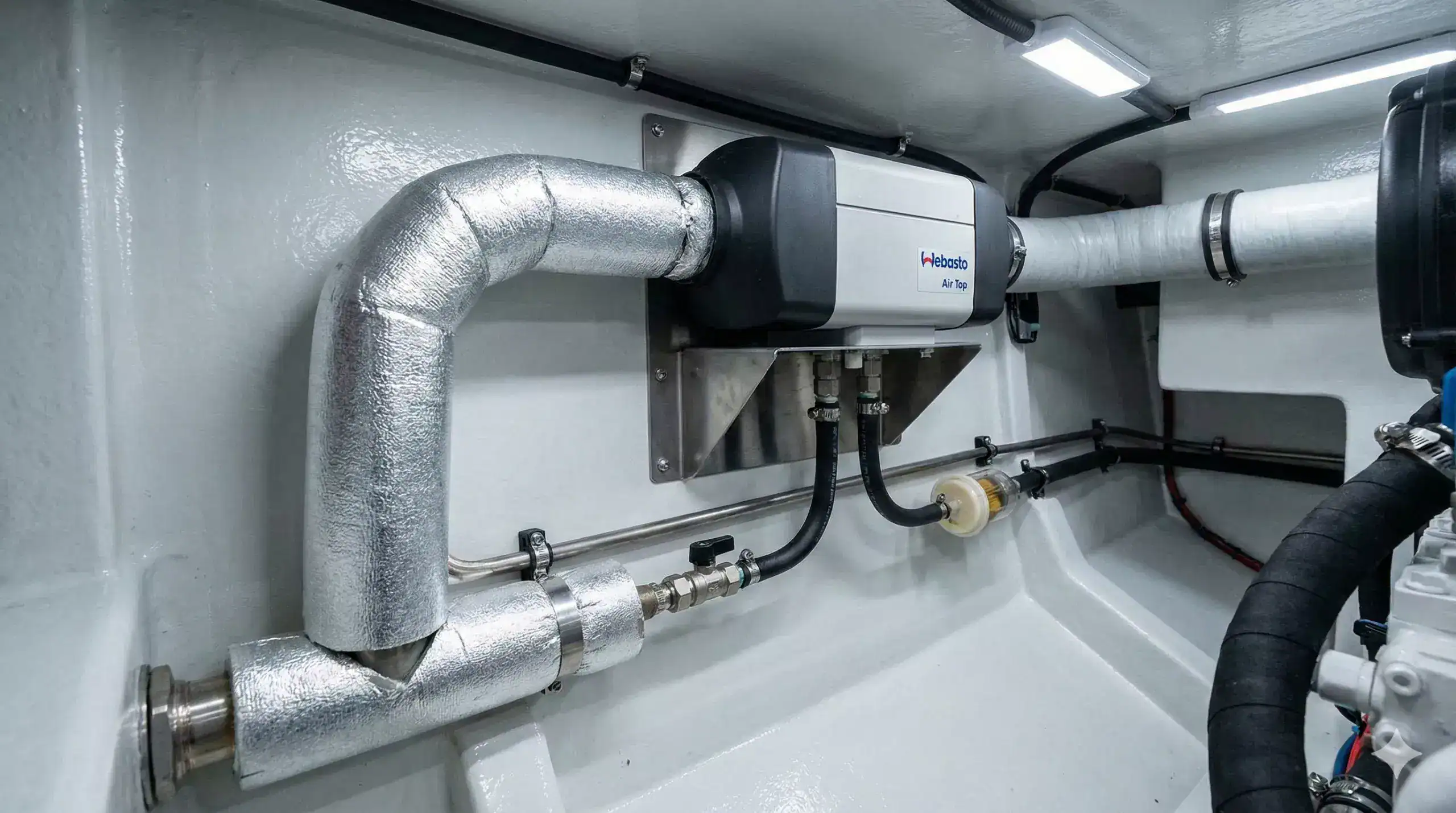 A diesel heater unit professionally mounted in a boat's technical locker with high-temperature exhaust lagging and marine-grade ducting.