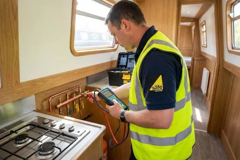 A Gas Safe registered marine engineer in branded uniform testing copper gas pipework on a boat with a digital manometer.