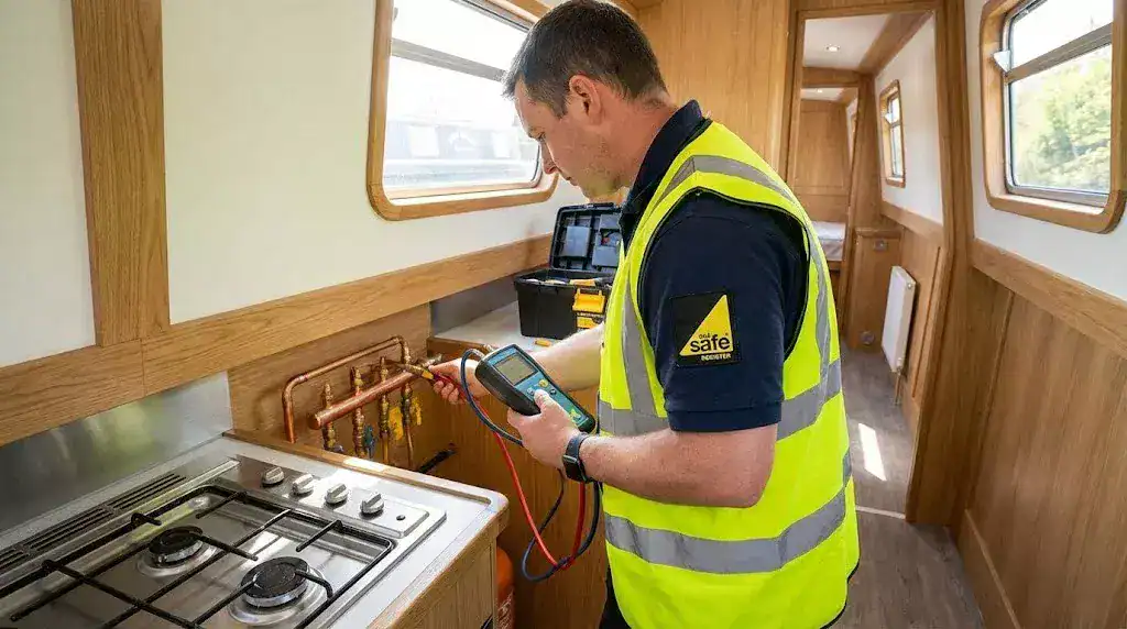 A Gas Safe registered marine engineer in branded uniform testing copper gas pipework on a boat with a digital manometer.