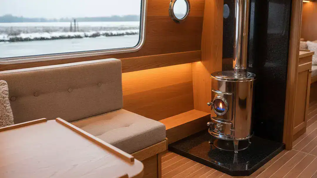 A clean, stainless steel Refleks diesel stove installed in a narrowboat corner. The stove shows a steady blue flame through the sight glass with no smoke or wood present, representing a clean-burning marine heating system.