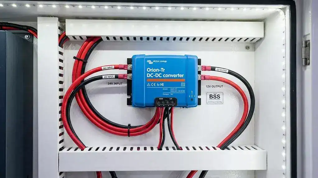 A professional photo of a Victron Orion-Tr 24 to 12V DC-DC converter mounted on a fire-resistant bulkhead in a boat’s engine room, showing neatly labeled input and output wiring.