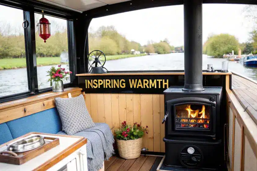 A Salamander Hobbit multi-fuel stove with a complete marine installation kit, including flue pipes, a chimney cowl, and sealant, against a wood-panelled background.