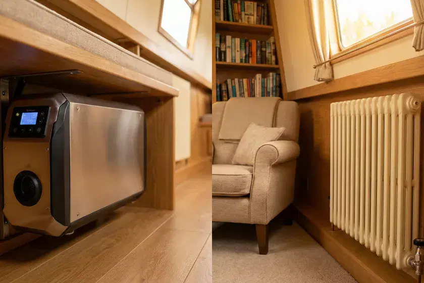 A composite image for boat heating systems showing a modern diesel heater unit alongside a traditional narrowboat radiator in a cozy cabin.