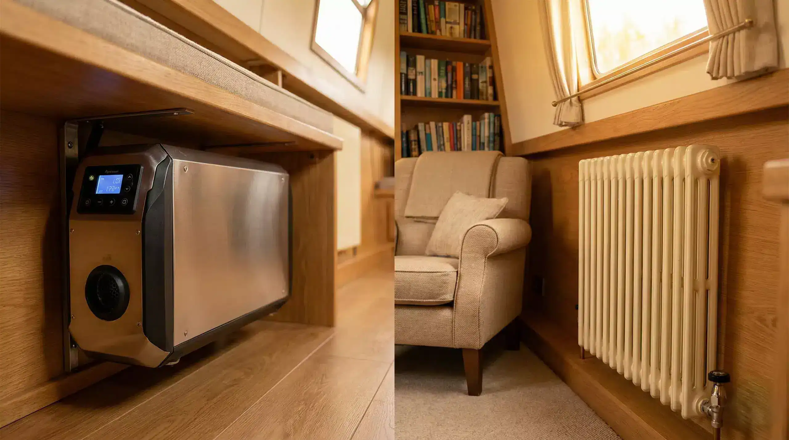 A composite image for boat heating systems showing a modern diesel heater unit alongside a traditional narrowboat radiator in a cozy cabin.