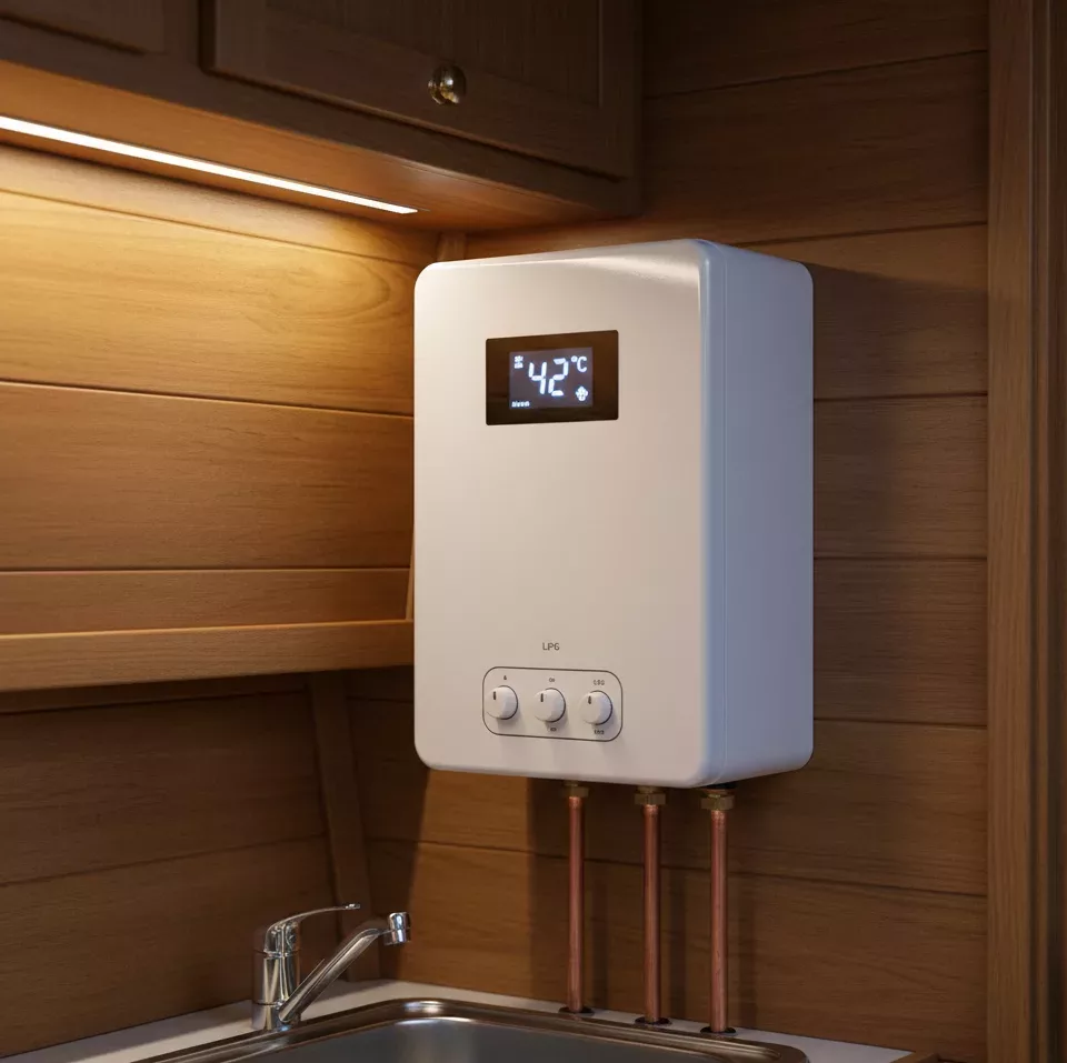 A modern, compact LPG instant water heater with a bright blue digital temperature display mounted on a wooden bulkhead inside a narrowboat.