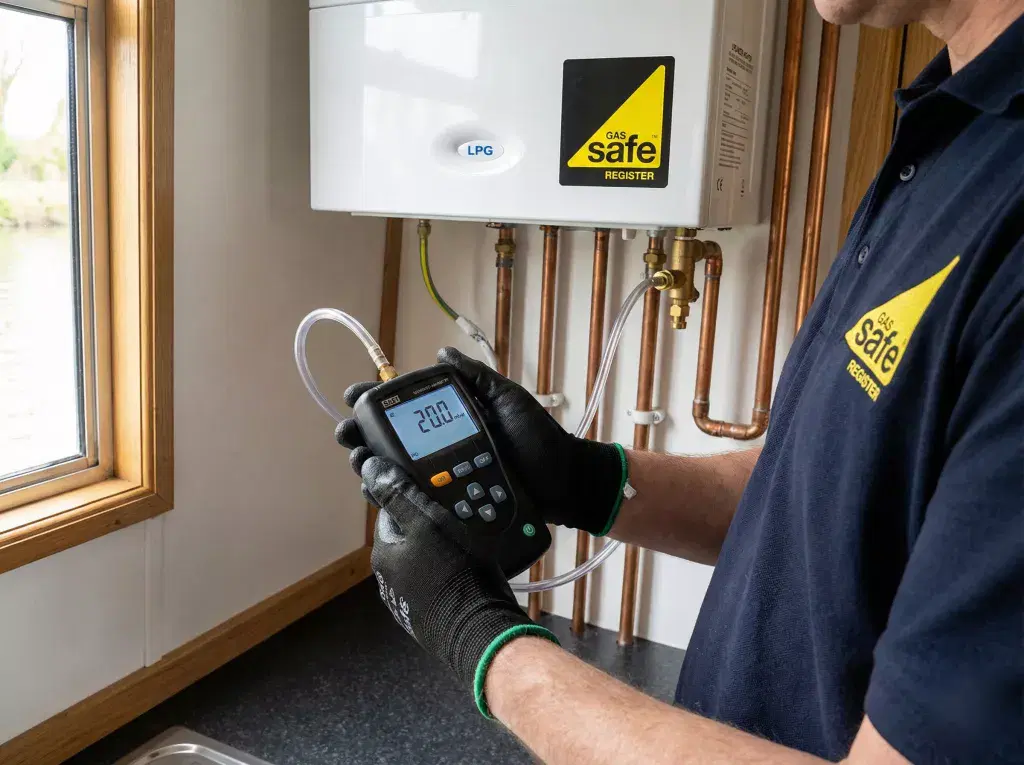 A close-up of a Gas Safe engineer’s hands using a yellow digital manometer to perform a gas tightness test on an LPG water heater connection.