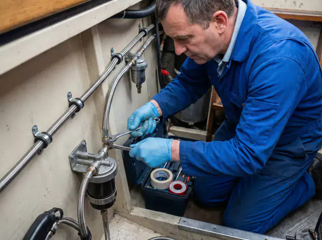 A close-up of a professional marine engineer's hands installing a copper diesel fuel line with secure brass fittings for a boat heater.