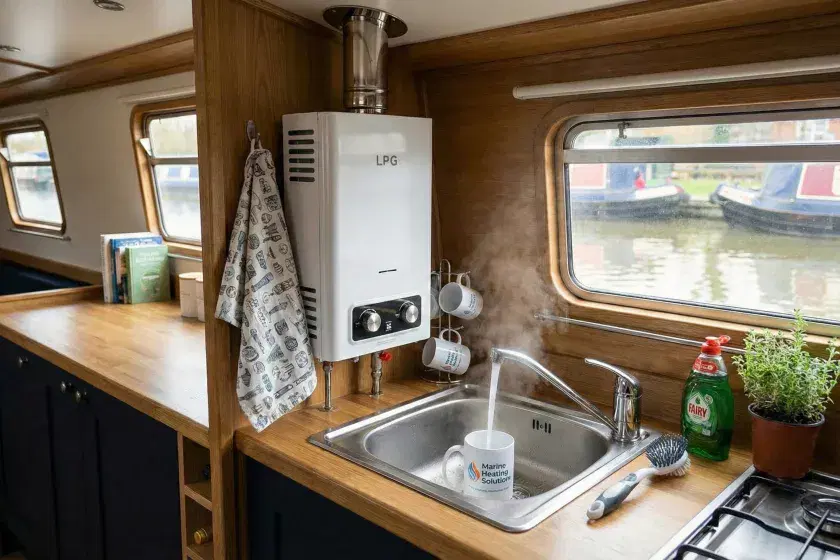 A modern, white LPG instant water heater professionally installed on a timber bulkhead in a cozy narrowboat galley, featuring a balanced flue going through the ceiling.