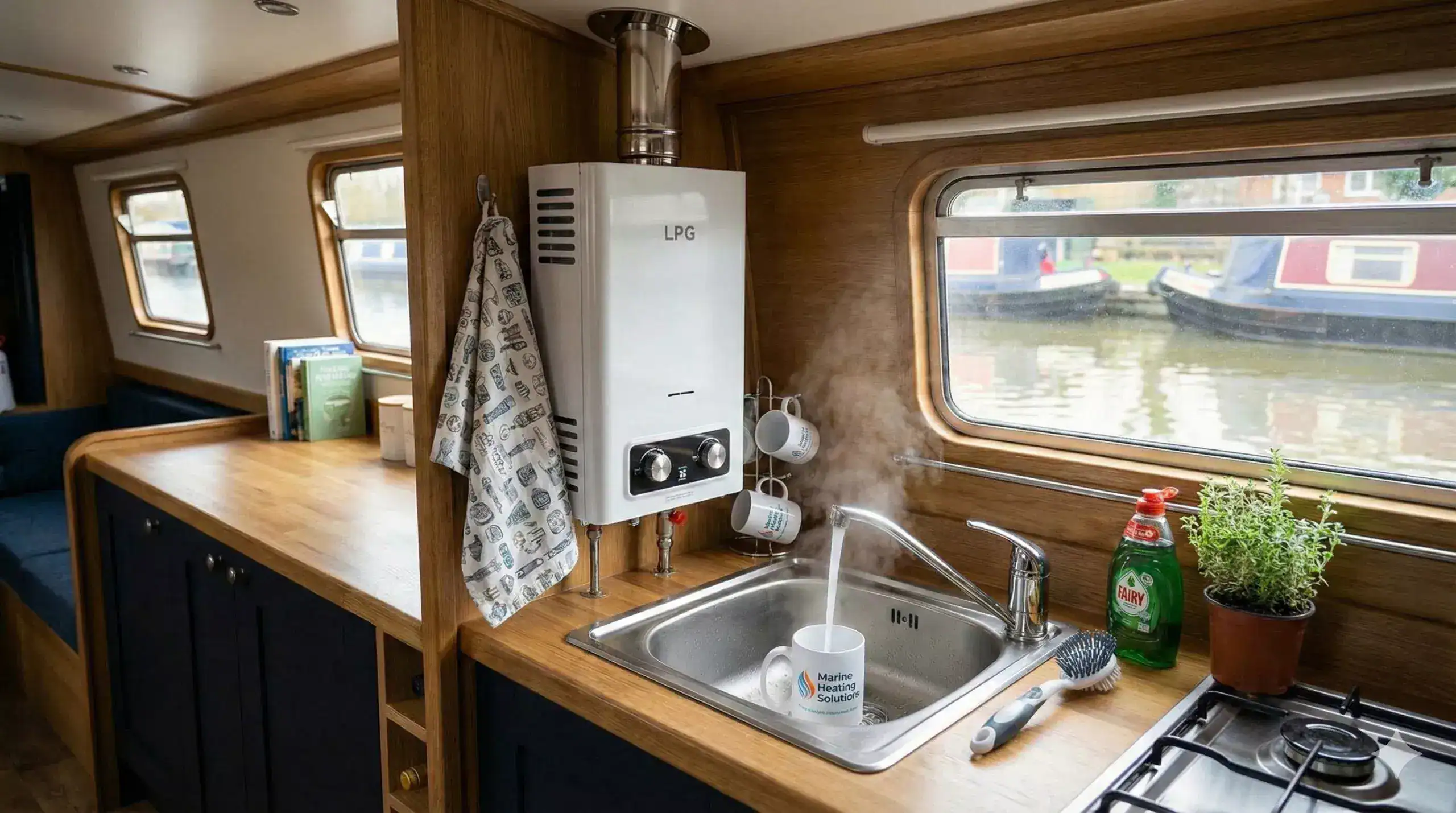 A modern, white LPG instant water heater professionally installed on a timber bulkhead in a cozy narrowboat galley, featuring a balanced flue going through the ceiling.
