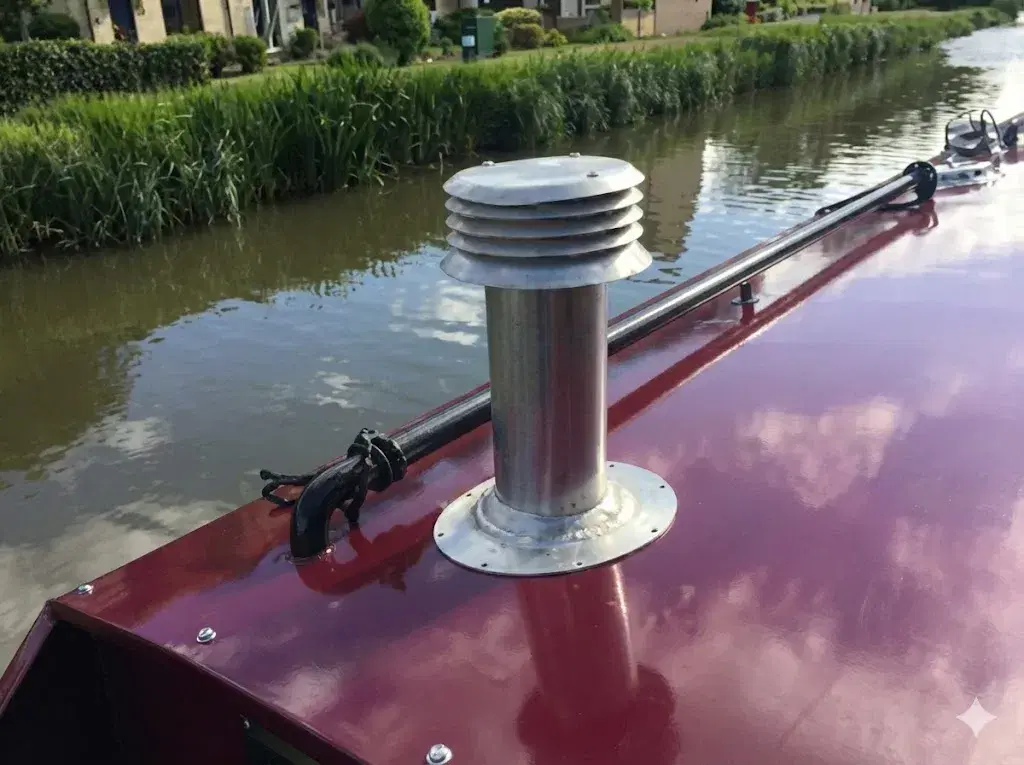 A close-up technical shot of a stainless steel flue terminal for an LPG water heater, installed on a burgundy-coloured narrowboat roof.