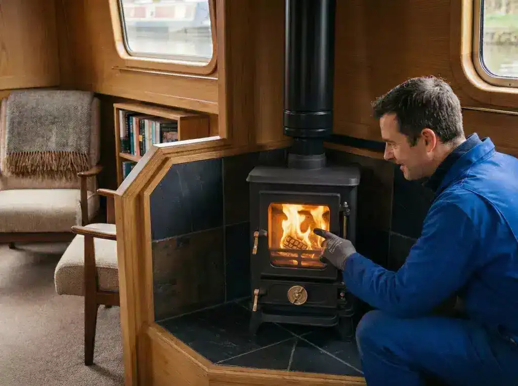 A marine engineer pointing to the crystal-clear glass of a Salamander Hobbit stove while in use, demonstrating the effectiveness of the pre-heated airwash system.