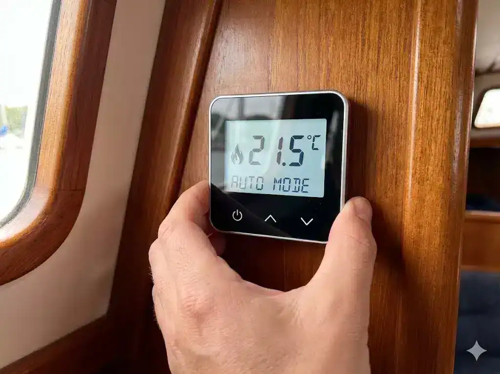 A close-up of a hand adjusting a modern digital thermostat controller mounted on a boat's wooden bulkhead, displaying a clear temperature reading.