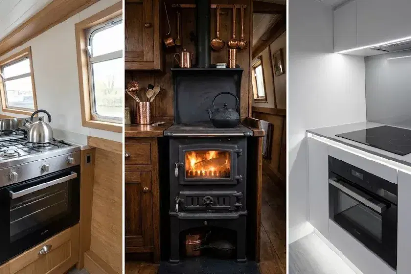 A high-quality comparison visual showcasing an LPG hob, a traditional solid fuel range, and a sleek diesel cooker installed in narrowboat galleys.