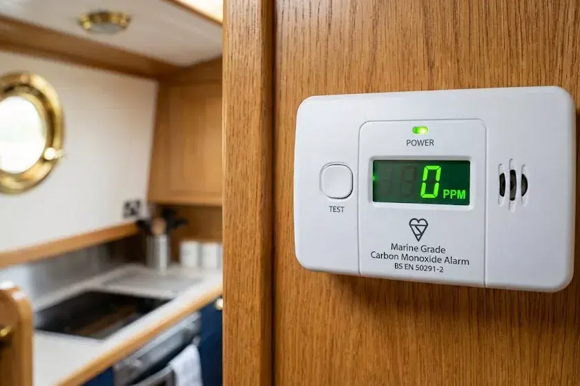 A professional close-up of a marine-grade carbon monoxide alarm (BS EN 50291-2) mounted on a boat's wooden bulkhead, showing a safe reading of zero.