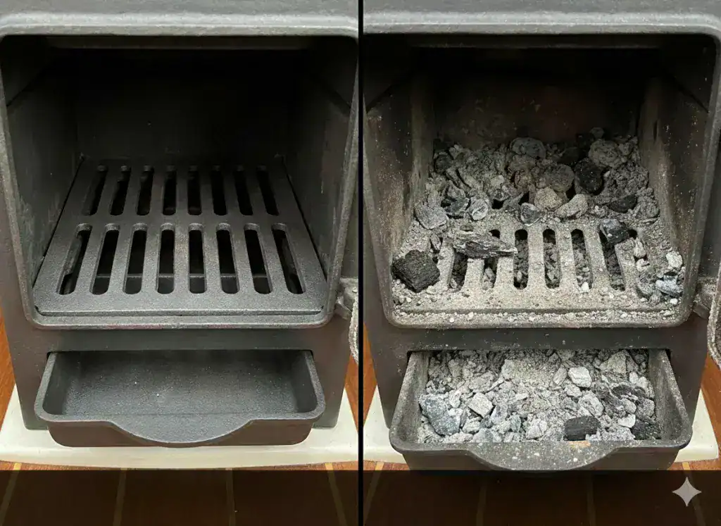 A split-screen comparison of a clean, well-maintained boat stove grate versus a neglected grate clogged with ash and debris.