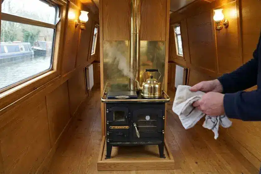 A Bubble diesel range cooker installed on a raised plinth inside a traditional narrowboat galley, featuring a wooden bulkhead and professional flue.