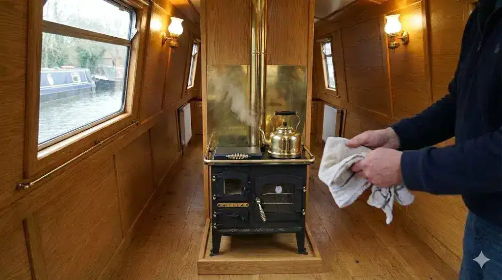 A Bubble diesel range cooker installed on a raised plinth inside a traditional narrowboat galley, featuring a wooden bulkhead and professional flue.