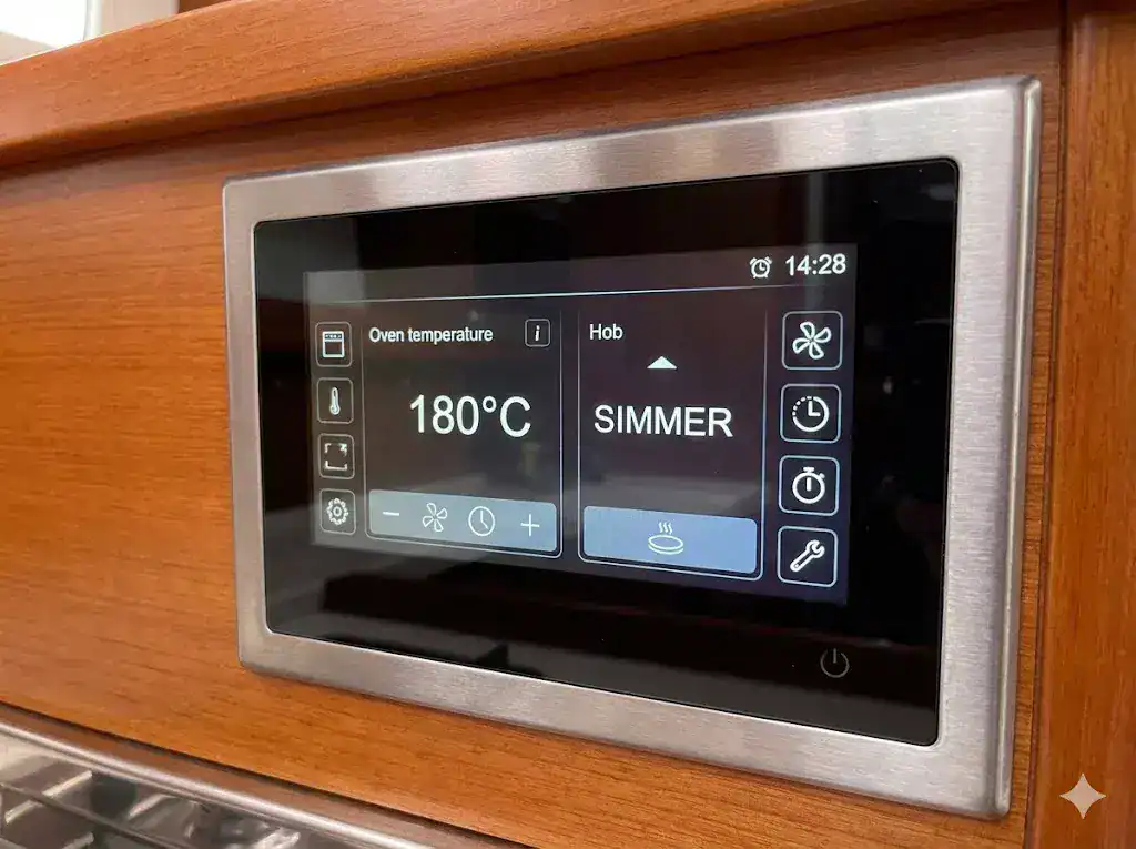 A close-up of a modern marine digital controller for a diesel cooker, displaying precise temperature settings and a user-friendly interface.