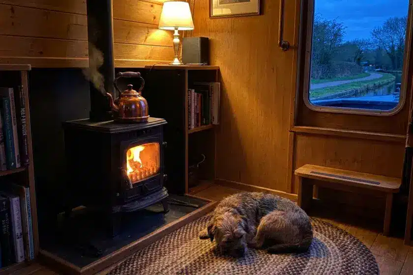 A cozy narrowboat interior at dusk, featuring a lit small solid-fuel stove with a flickering flame, a kettle on top, and a dog resting nearby.