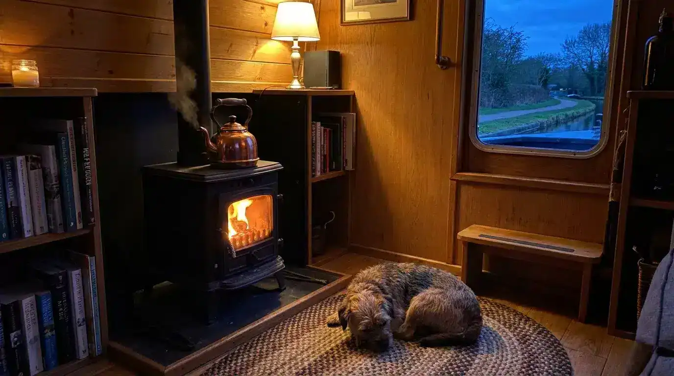A cozy narrowboat interior at dusk, featuring a lit small solid-fuel stove with a flickering flame, a kettle on top, and a dog resting nearby.