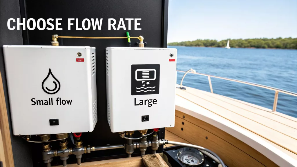 A small flow and a large flow boat gas water heater installed in a galley