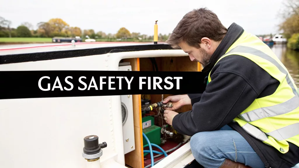 An enginneer carrying out safety checks on the gas installation of a boat