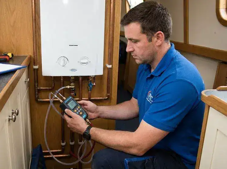 A specialist marine heating engineer using a manometer to perform a gas tightness and pressure test on an instantaneous LPG water heater mounted on a boat's galley wall.