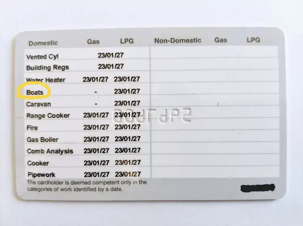 A Gas Safe Register ID card shown on a clean white background, with the 'Boats' and 'LPG' categories highlighted to verify a boat gas engineer's qualifications.