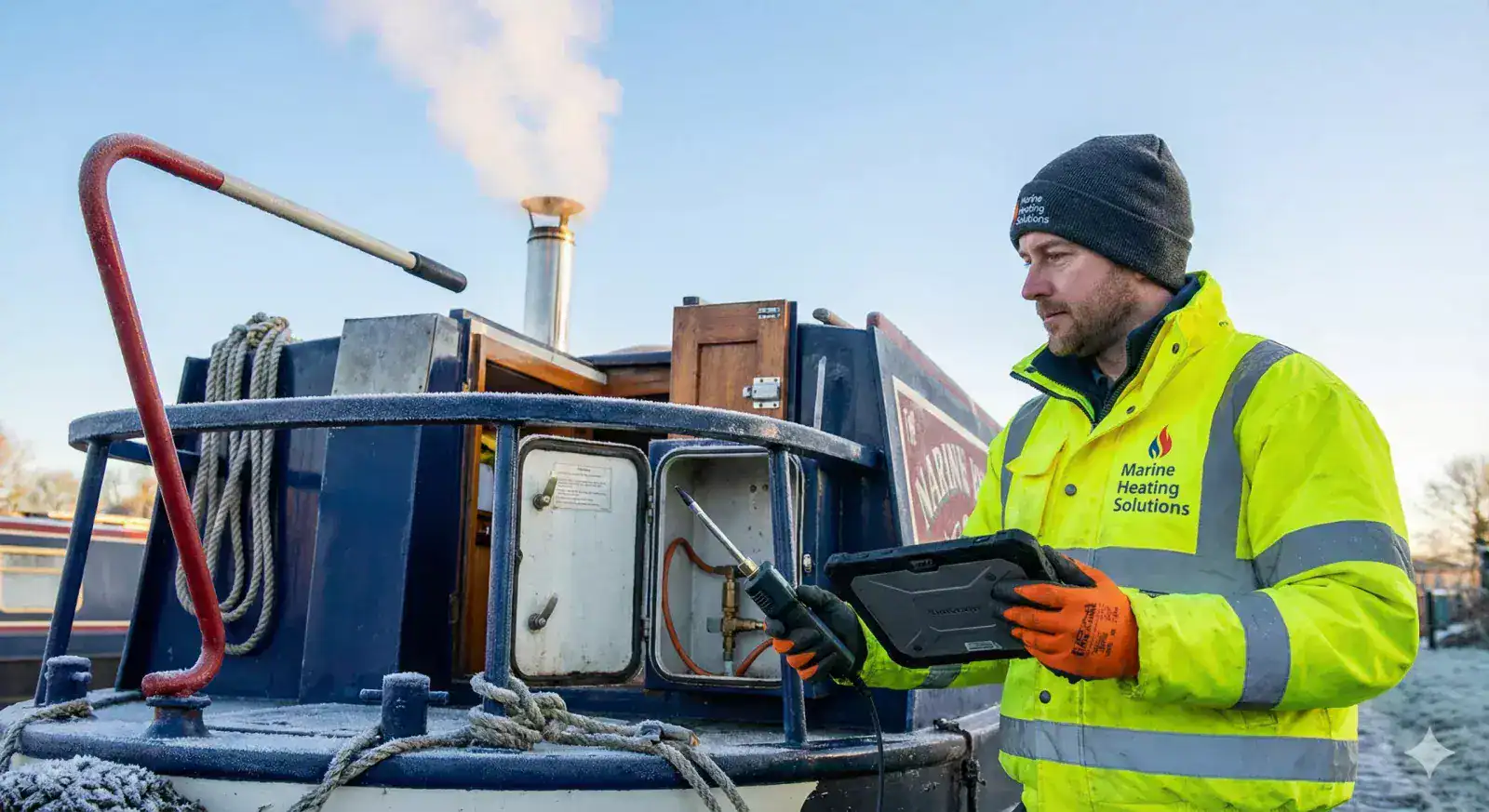 A professional Marine Heating Solutions technician in branded gear standing on a narrowboat stern with a digital tablet during a winter LPG safety inspection.