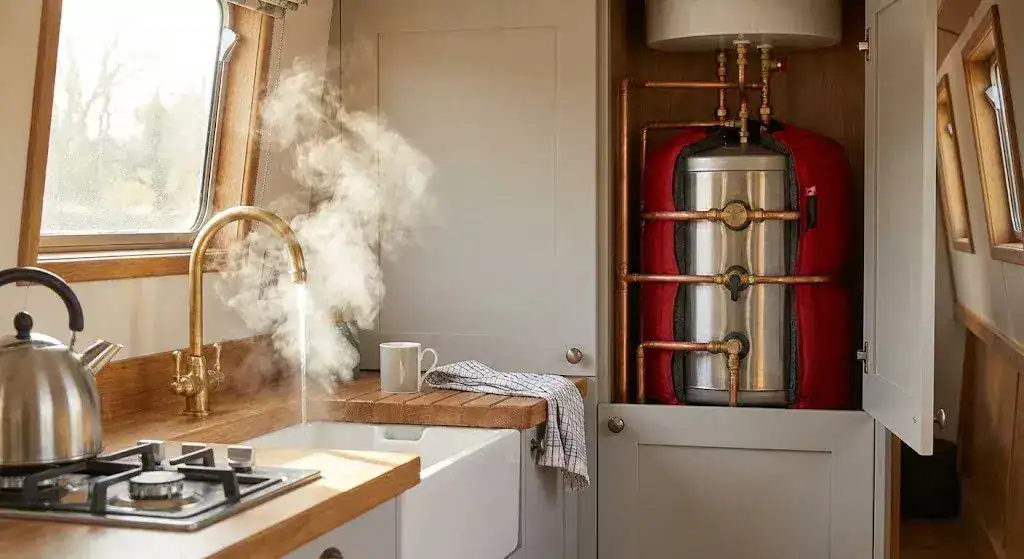 A professional lifestyle shot of a narrowboat galley with steam rising from a hot water tap, showing a modern calorifier installation in the background.