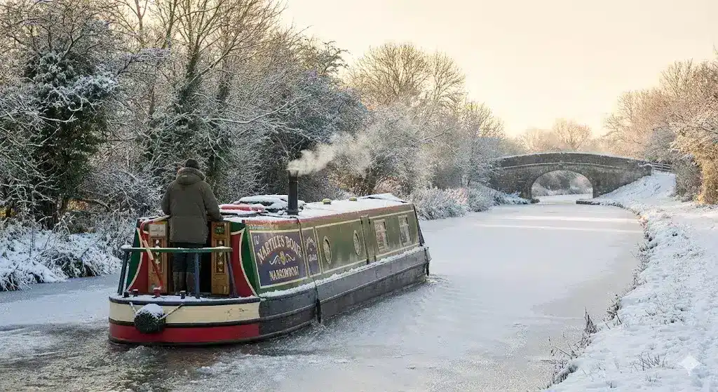 A wide-angle shot of a narrowboat navigating a scenic, frost-covered UK canal during winter.