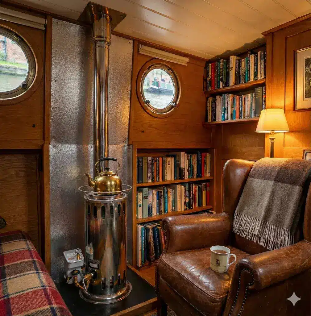 A polished stainless steel Refleks diesel heater with a stainless steel flue pipe installed in a cozy, wood-panelled boat cabin.