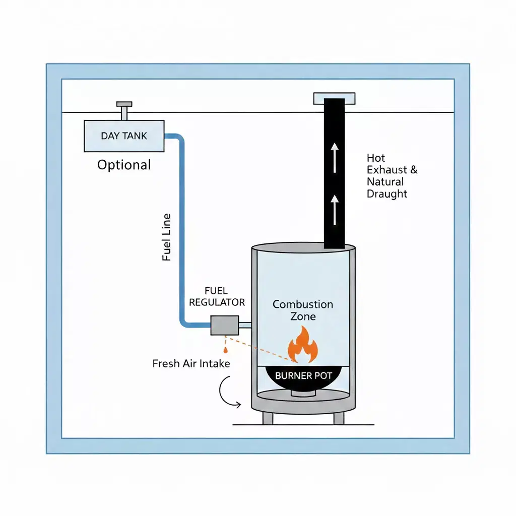 A technical drawing showing the gravity-fed fuel flow from an optional day tank to the fuel regulator and burner pot of a Refleks heater.