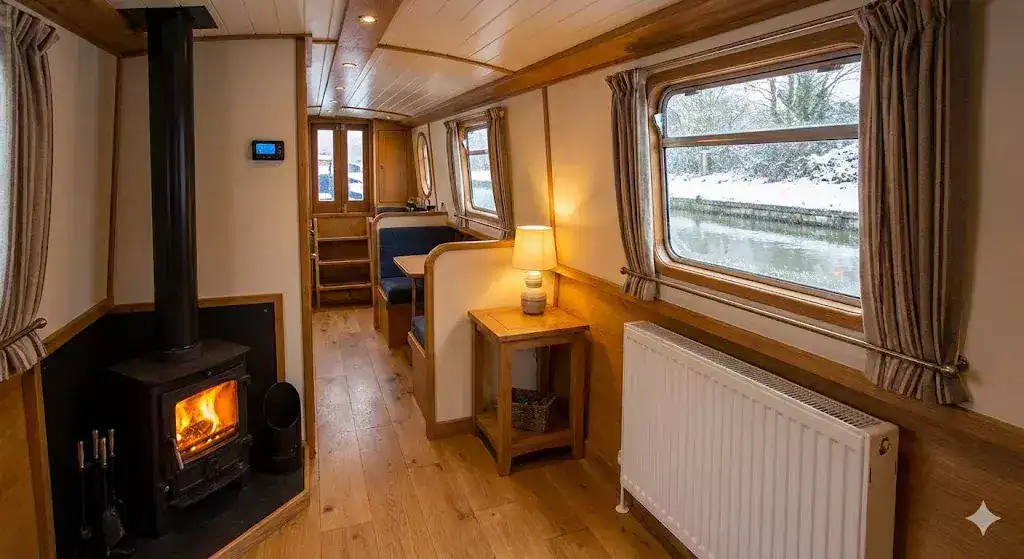 A cozy narrowboat interior in winter showing a complete central heating system with a solid fuel stove, a modern white radiator, and a digital thermostat.