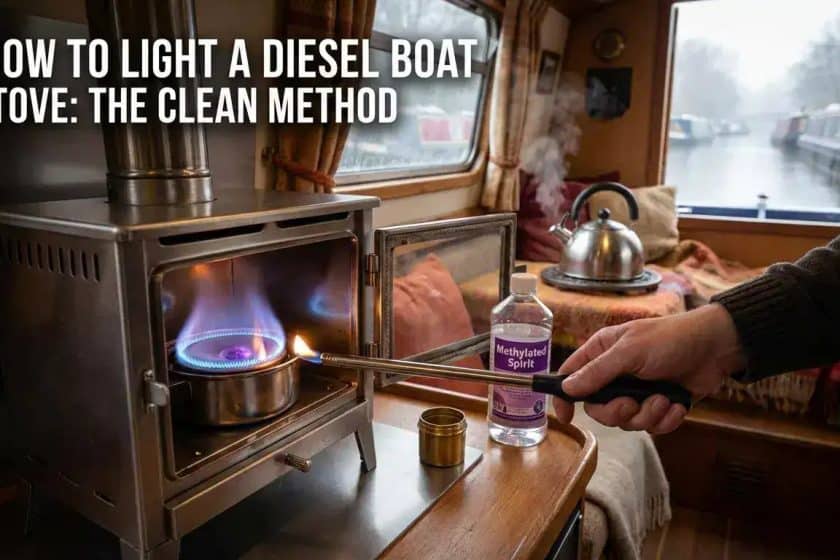 Lighting a stainless steel diesel boat stove using the methylated spirit method inside a cozy boat cabin.