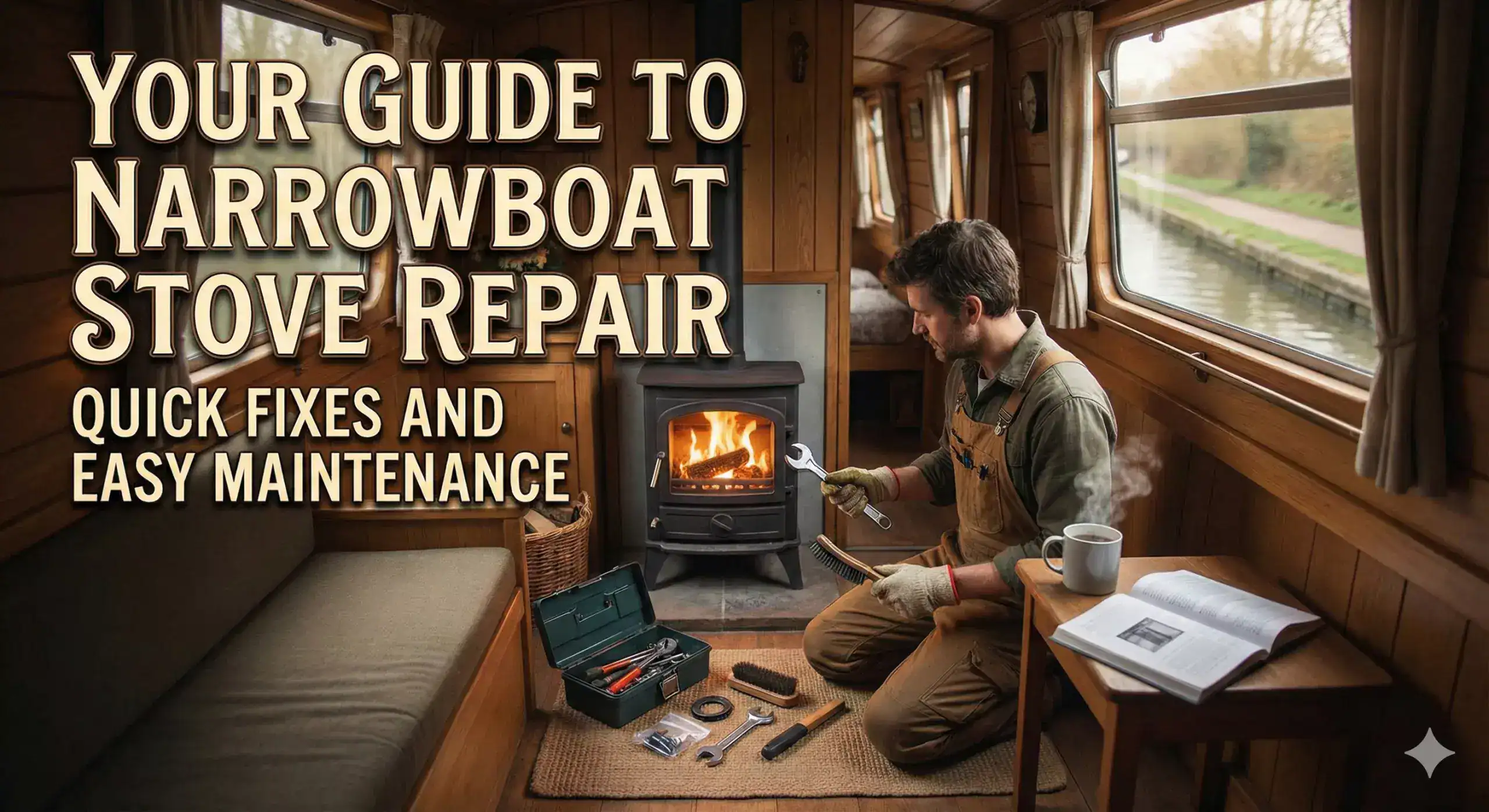 A man performing maintenance on a wood-burning stove inside a cozy narrowboat cabin with tools and a toolbox on the floor. Text overlay reads: Your Guide to Narrowboat Stove Repair: Quick Fixes and Easy Maintenance.
