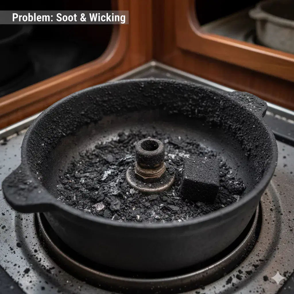 Thick black carbon buildup and soot inside a diesel boat stove burner pot caused by using traditional firelighters.