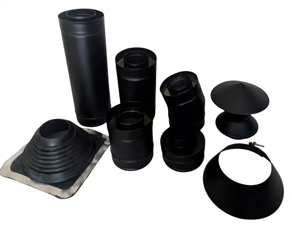 A complete technical layout of the Powder-Coated Black Twin Wall Insulated Flue Kit, showing the modular pipe sections, black locking bands, and the Masterflash roof collar.