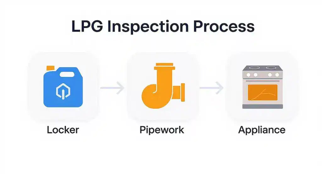 Diagram illustrating the boat LPG certificate inspection process, showing steps for locker, pipework, and appliance.