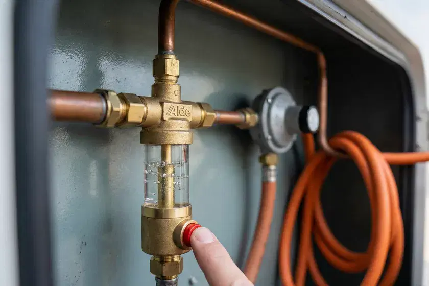 Technical view of a bubble tester installed in a boat gas locker for LPG leak detection and BSS compliance.