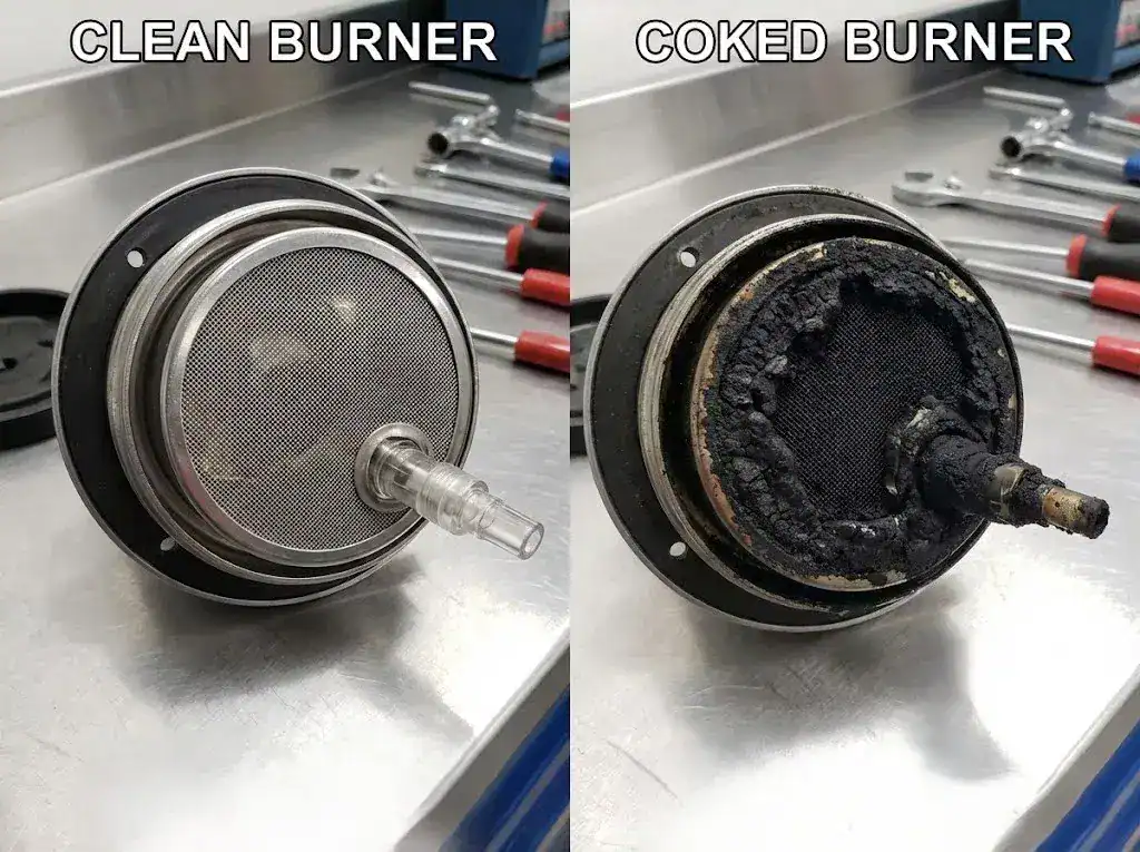 A side-by-side comparison of two marine diesel heater burners; one is clean and metallic, while the other is heavily fouled with thick black carbon buildup (coking).