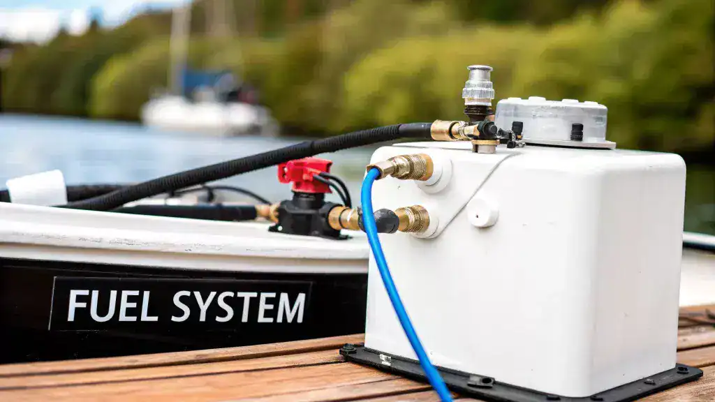 A close-up of a boat's fuel system with hoses, visible on a wooden deck near water.