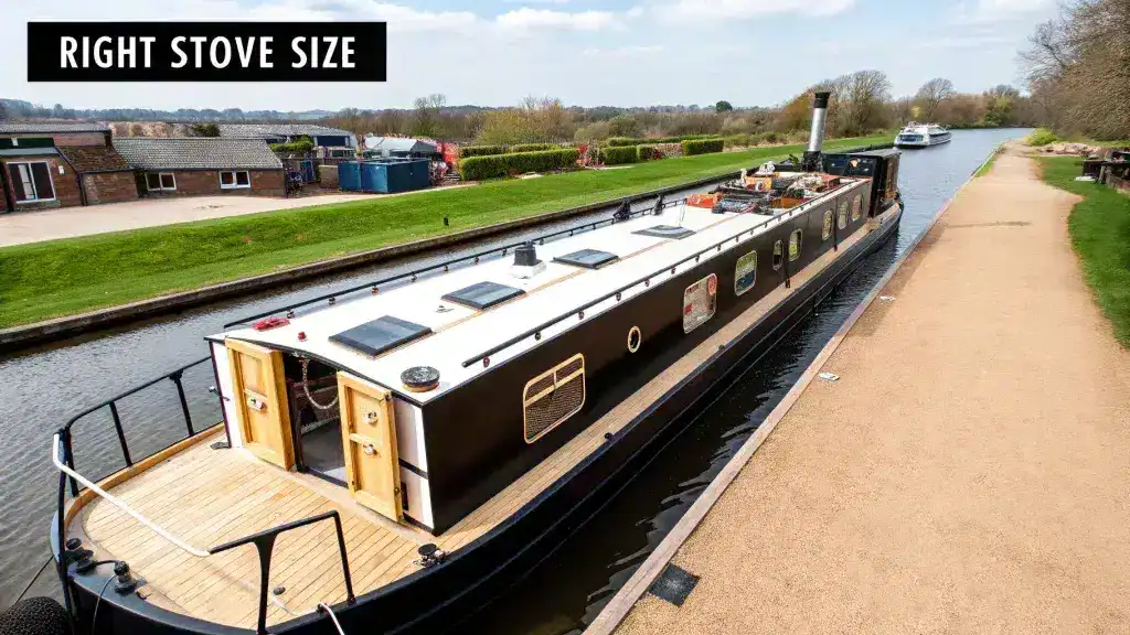 An aerial view of a narrowboat moored in a canal with a text overlay "RIGHT STOVE SIZE".