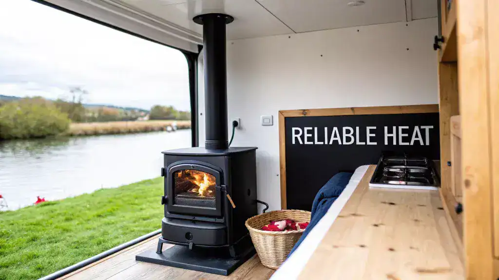 A cozy narrowboat interior featuring a lit wood-burning stove next to an open door with a river view.