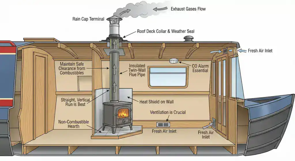 Diagram illustrating stove safety, showing exhaust flowing from a stove through a flue pipe to the outside.