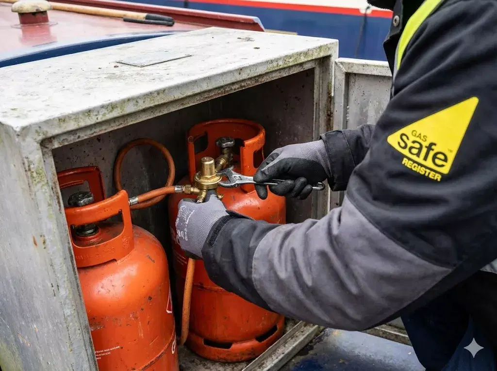 A technical close-up of a Gas Safe engineer’s hands using a wrench to carefully adjust a gas regulator inside a marine LPG cylinder locker.