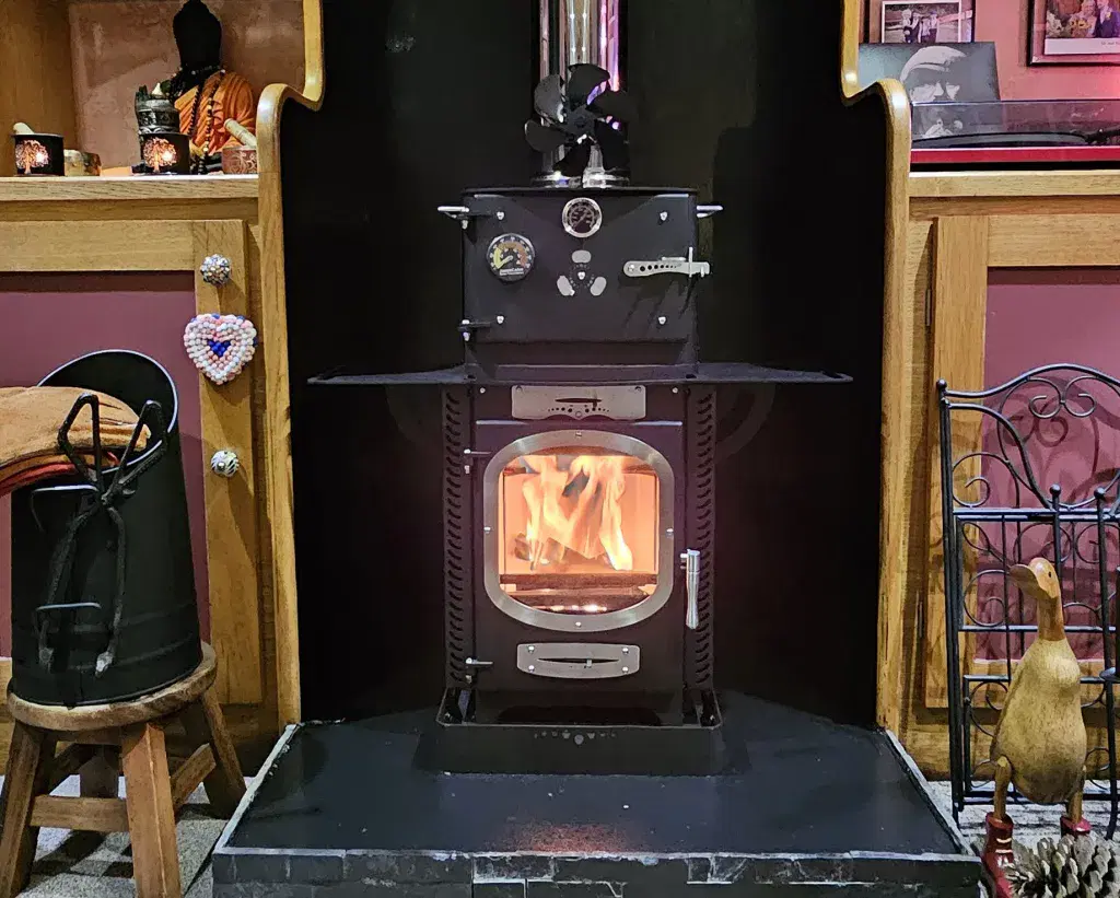 Go Eco Adventurer 5 solid fuel stove with oven installed on a narrowboat by Marine Heating Solutions.